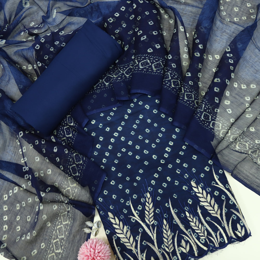 Tadbeer Denim Blue Jam Cotton Top with Chiffon Dupatta