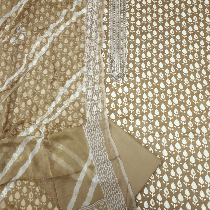 Tadbeer Peanut Brown Printed Jam Cotton Top with Chiffon Dupatta
