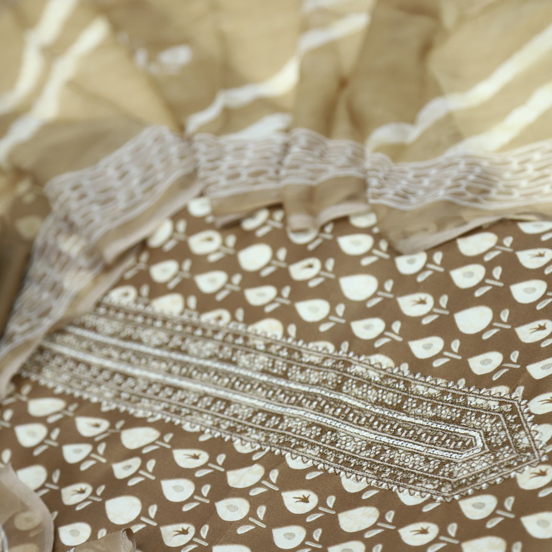 Tadbeer Peanut Brown Printed Jam Cotton Top with Chiffon Dupatta