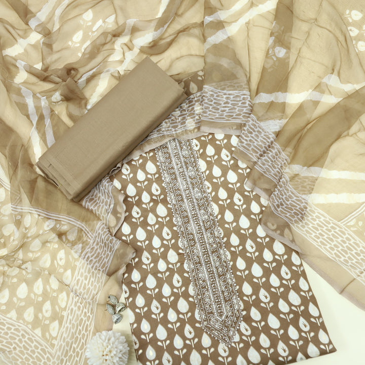 Tadbeer Peanut Brown Printed Jam Cotton Top with Chiffon Dupatta