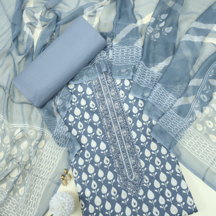 Tadbeer Maximum Blue Printed Jam Cotton Top with Chiffon Dupatta
