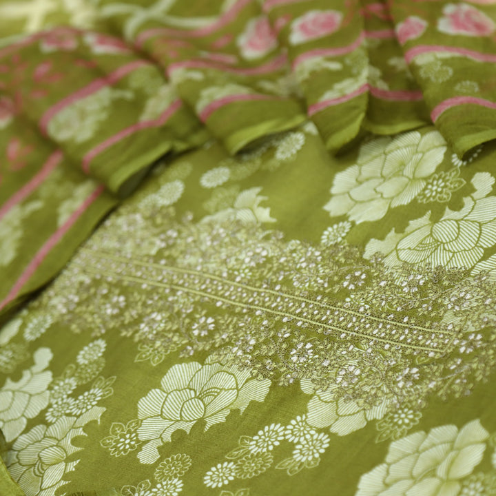 Tavaqqo Sheen Green Printed Jam Cotton Top with Chiffon Dupatta