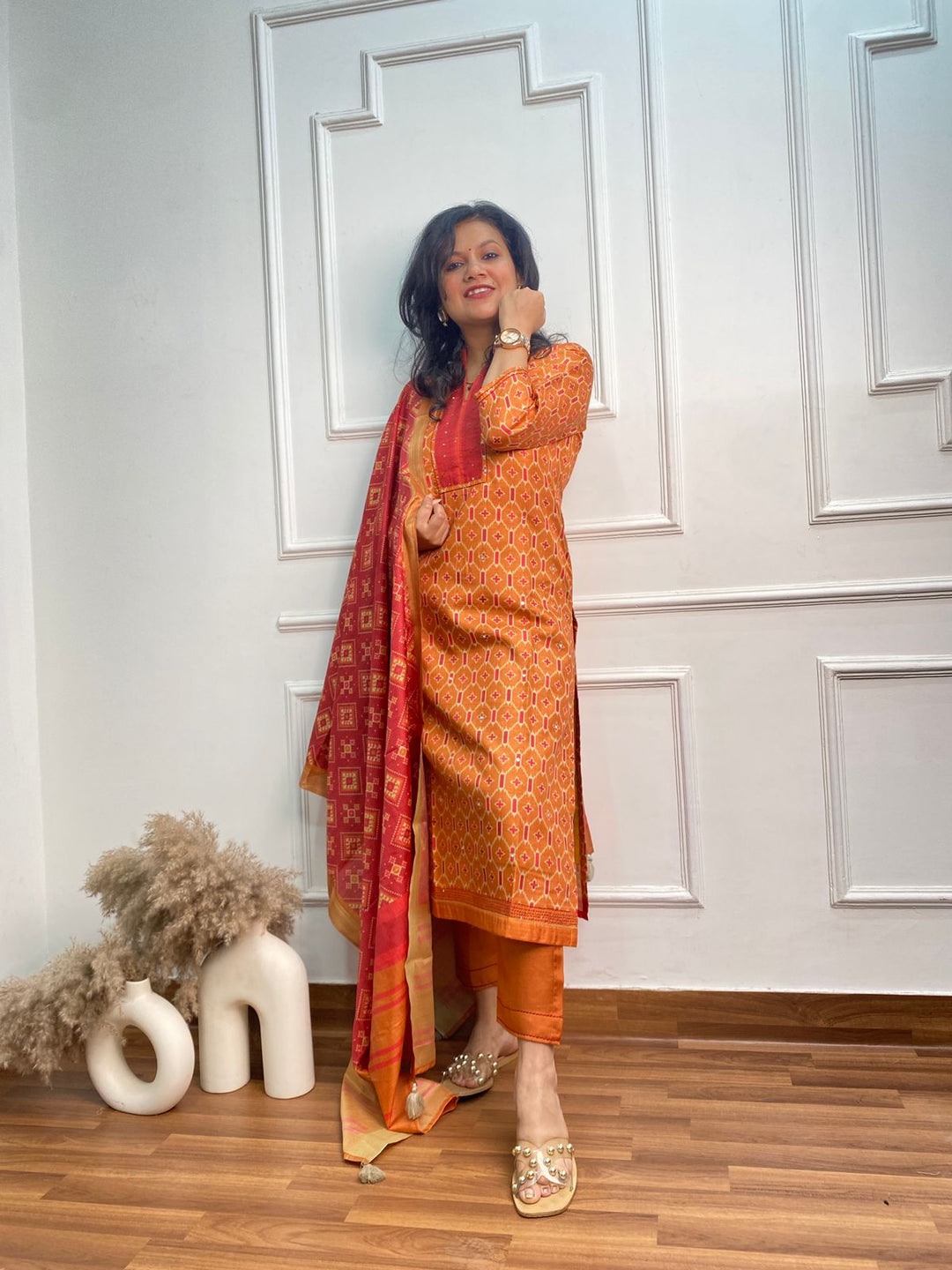 Musavvir Aerospace Orange Patola Printed Chanderi Top With Chanderi Dupatta 3 Pc Set