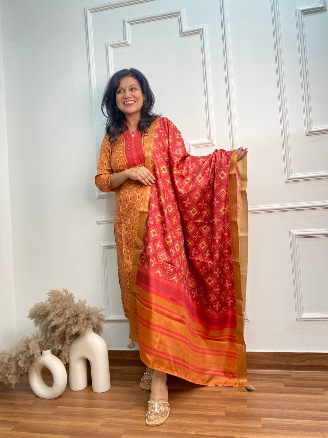 Musavvir Aerospace Orange Patola Printed Chanderi Top With Chanderi Dupatta 3 Pc Set