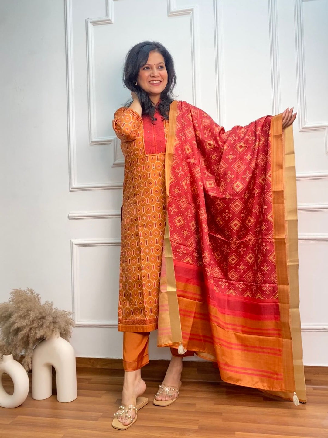 Musavvir Aerospace Orange Patola Printed Chanderi Top With Chanderi Dupatta 3 Pc Set