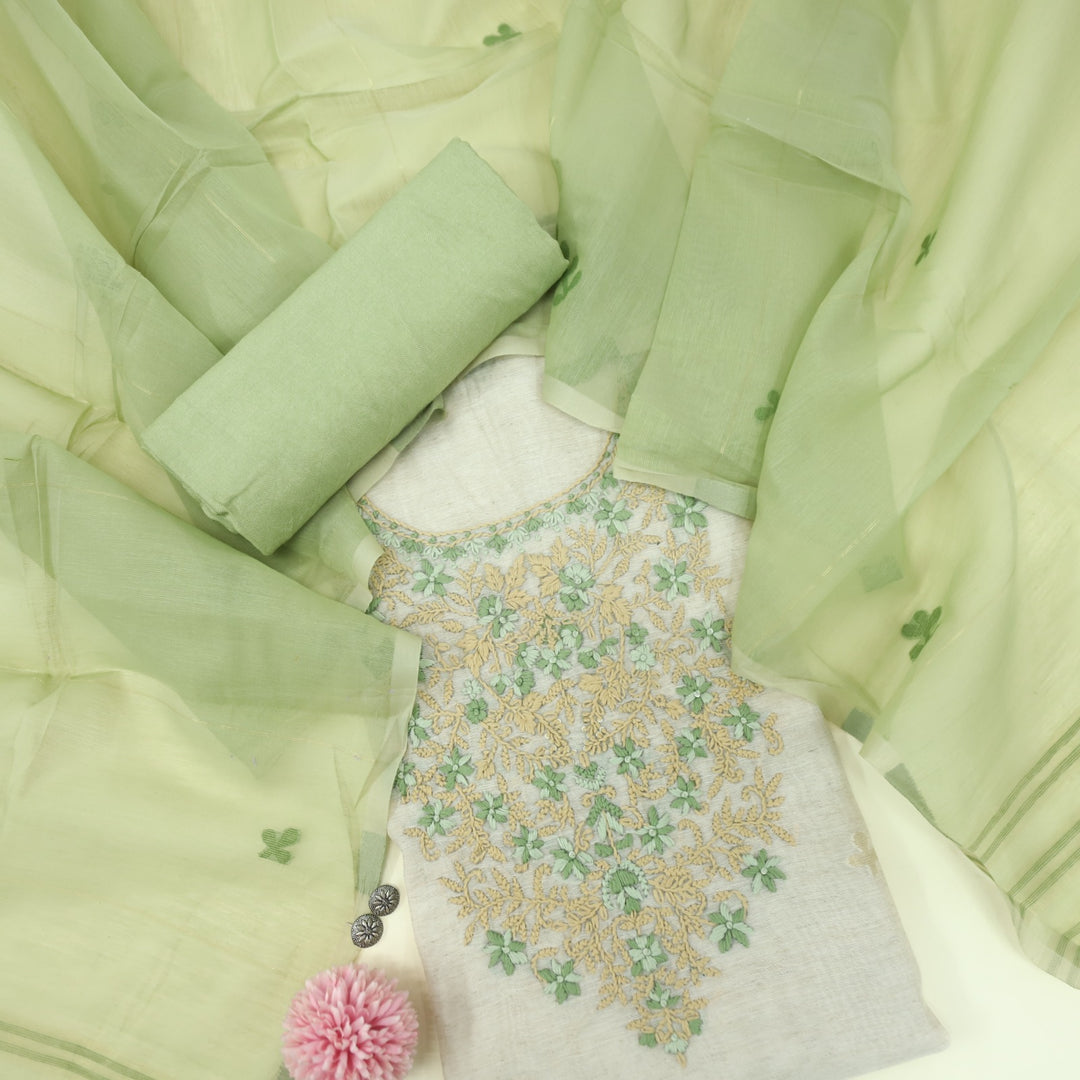 Rooh Olive Green French Knot Embroidery Jamdani Set