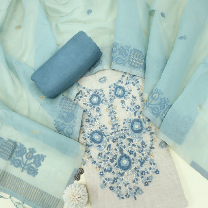 Rooh Teal Blue French Knot Embroidery Jamdani Set