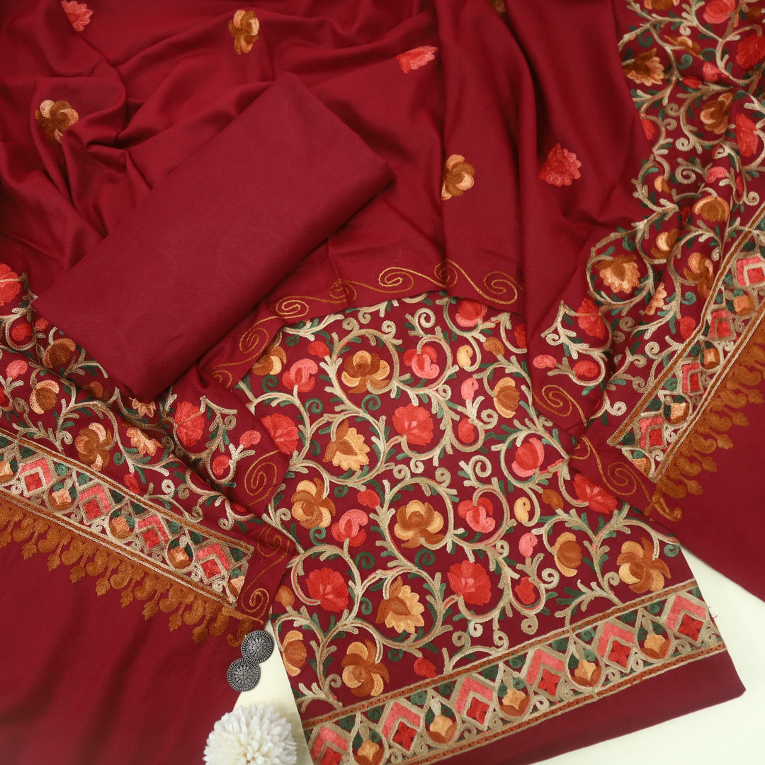 Mulakaat Maroon Kashmiri Embroidery Semi Pashmina Set