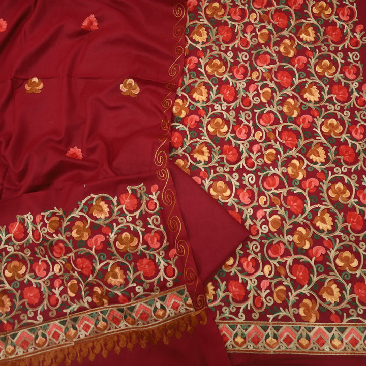 Mulakaat Maroon Kashmiri Embroidery Semi Pashmina Set