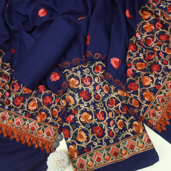 Mulakaat Indigo Blue Kashmiri Embroidery Semi Pashmina Set