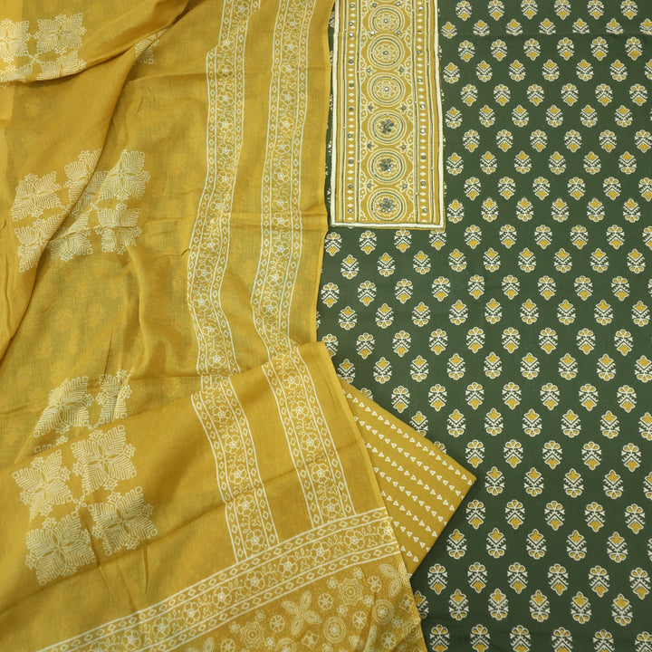 Bayhiss Army Green Patra Work Ajrak Printed Cotton Suit Set