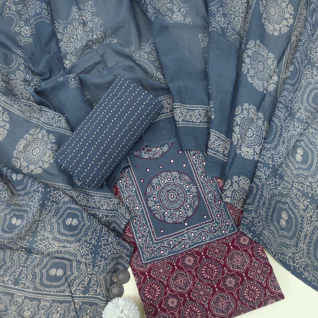 Bayhiss Royal Maroon Patra Work Ajrak Printed Cotton Suit Set