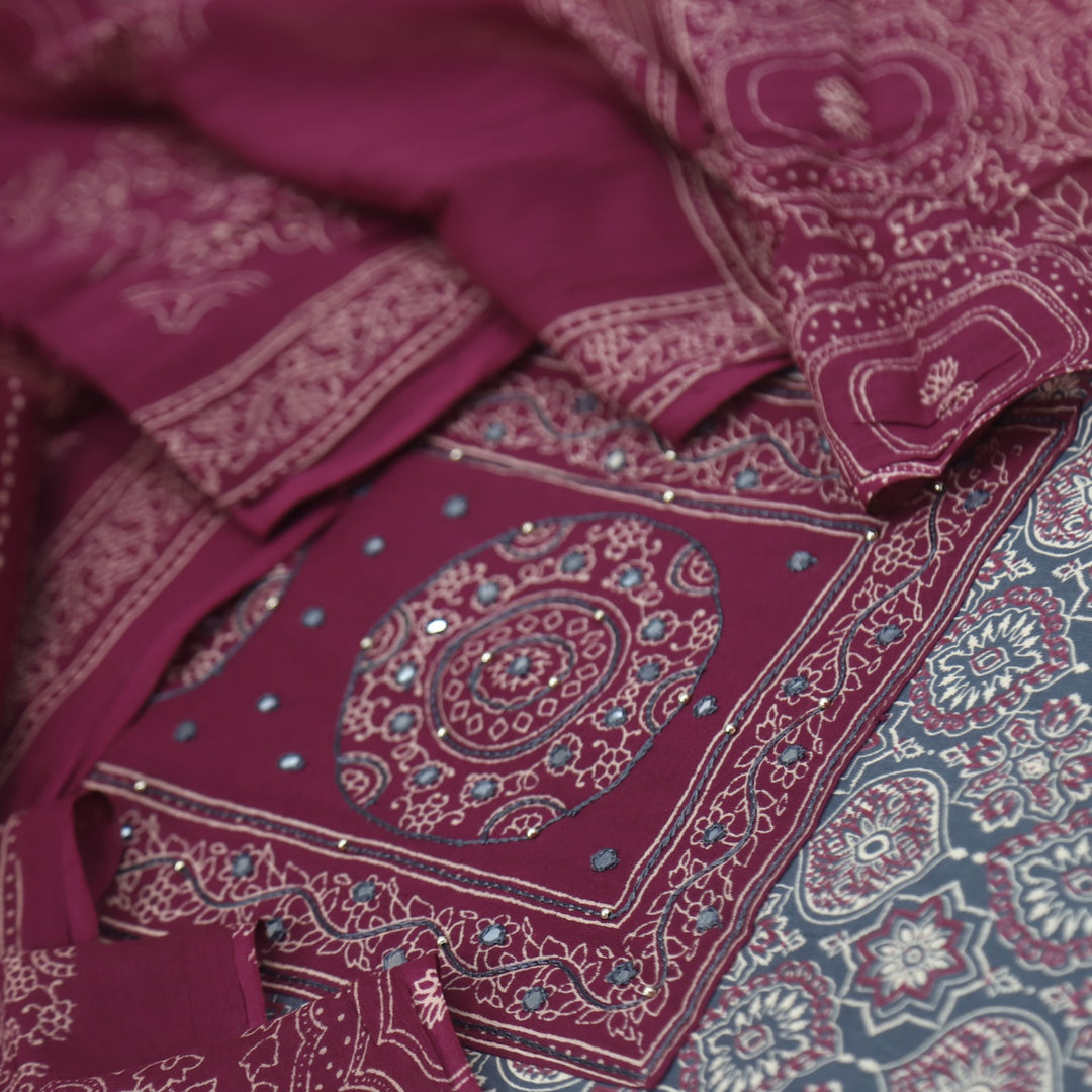 Bayhiss Sidewalk Grey Patra Work Ajrak Printed Cotton Suit Set