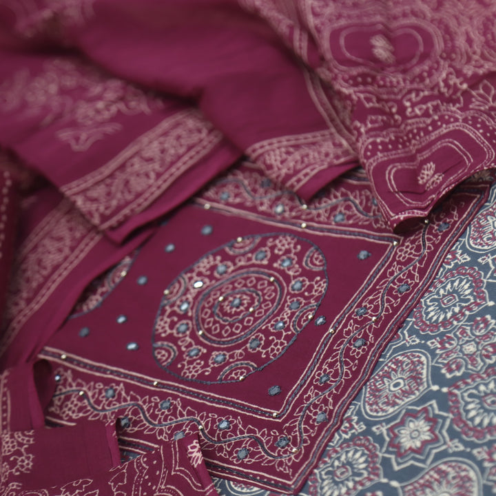 Bayhiss Sidewalk Grey Patra Work Ajrak Printed Cotton Suit Set
