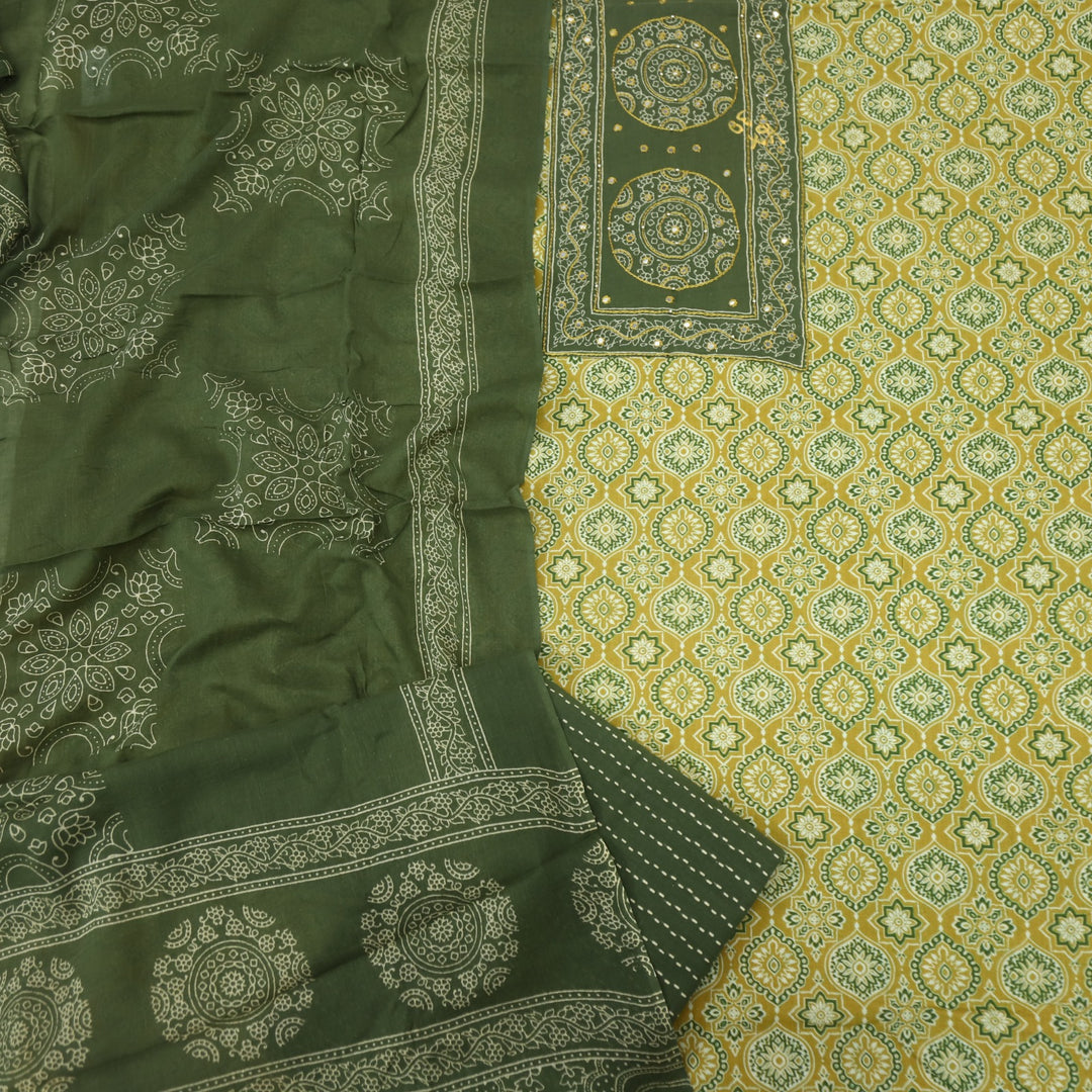 Bayhiss Sandstorm Yellow Patra Work Ajrak Printed Cotton Suit Set