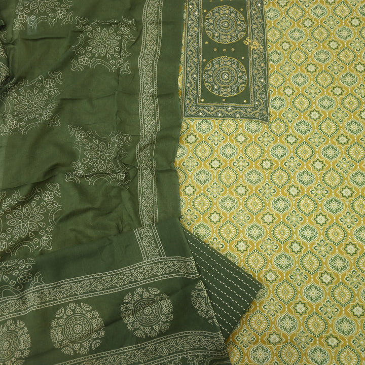 Bayhiss Sandstorm Yellow Patra Work Ajrak Printed Cotton Suit Set