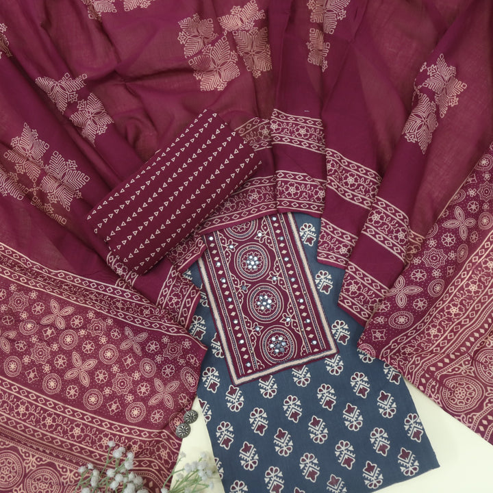 Bayhiss Anchor Grey Patra Work Ajrak Printed Cotton Suit Set