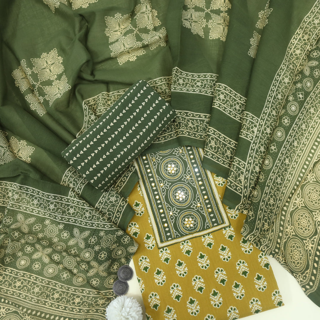 Bayhiss Goldenrod Yellow Patra Work Ajrak Printed Cotton Suit Set