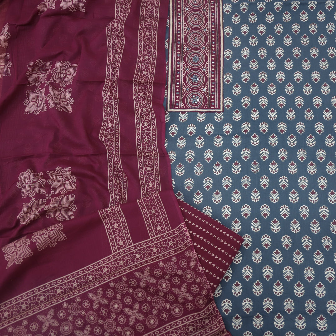 Bayhiss Anchor Grey Patra Work Ajrak Printed Cotton Suit Set
