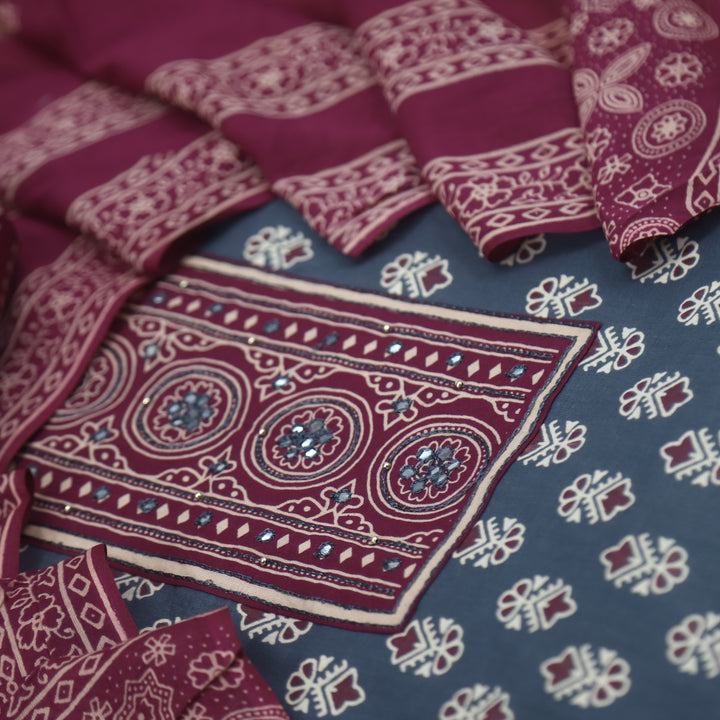 Bayhiss Anchor Grey Patra Work Ajrak Printed Cotton Suit Set