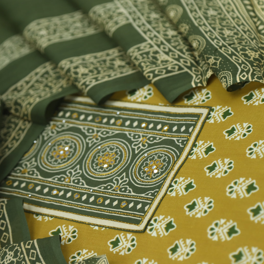 Bayhiss Goldenrod Yellow Patra Work Ajrak Printed Cotton Suit Set