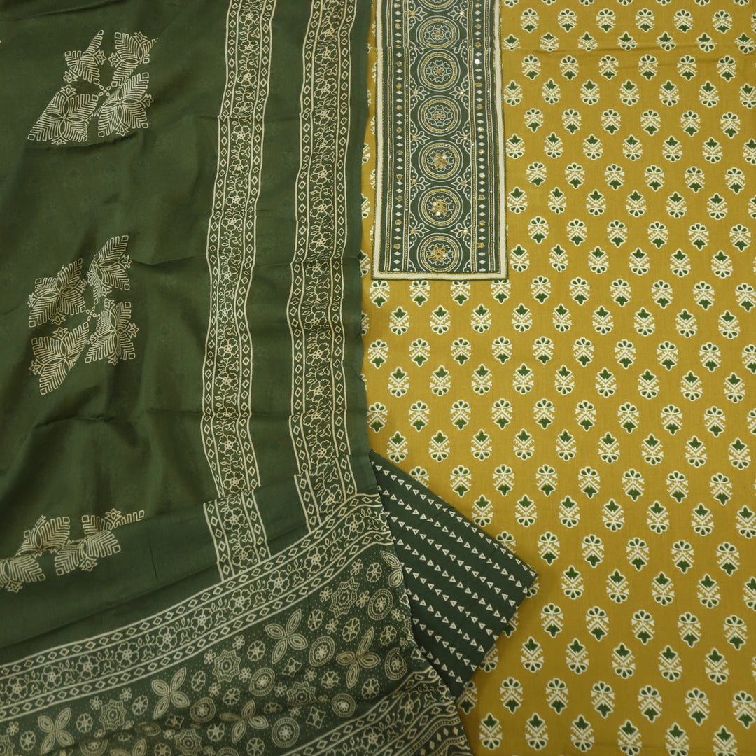 Bayhiss Goldenrod Yellow Patra Work Ajrak Printed Cotton Suit Set