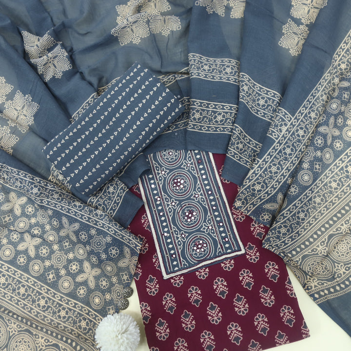 Bayhiss Raspberry Maroon Patra Work Ajrak Printed Cotton Suit Set