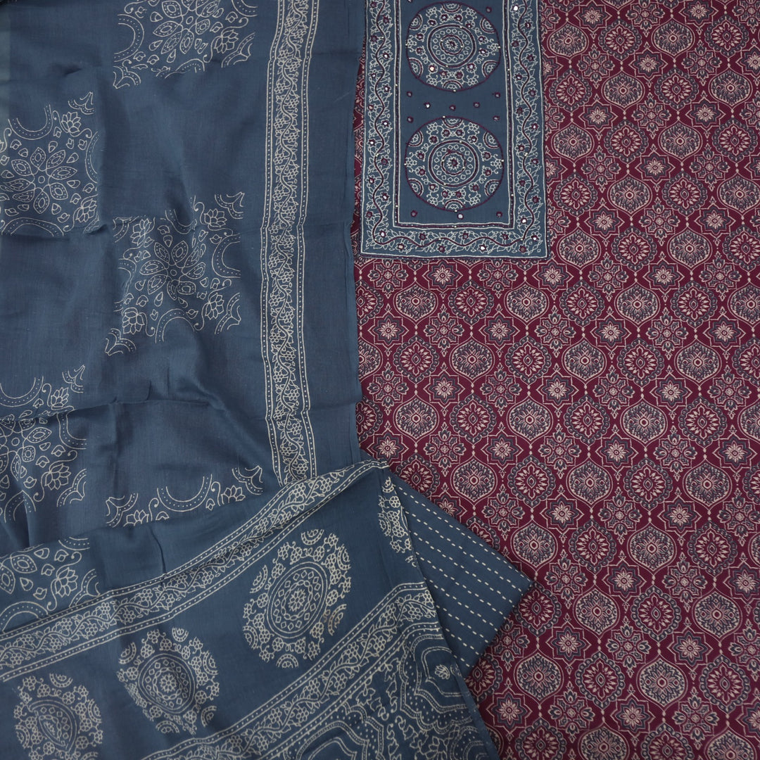 Bayhiss Royal Maroon Patra Work Ajrak Printed Cotton Suit Set