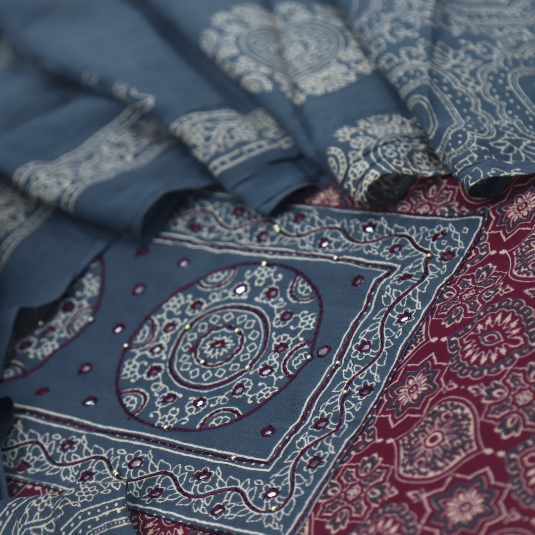 Bayhiss Royal Maroon Patra Work Ajrak Printed Cotton Suit Set