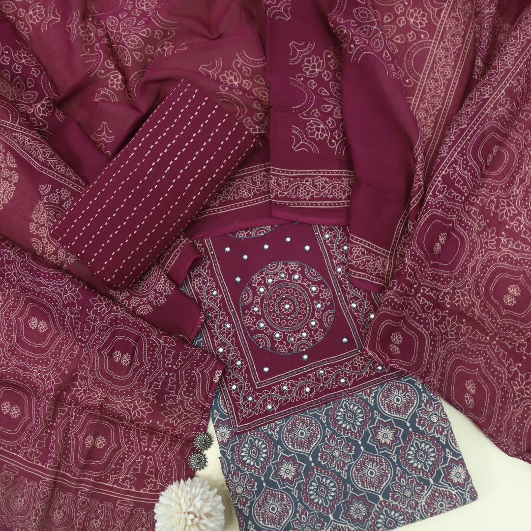 Bayhiss Sidewalk Grey Patra Work Ajrak Printed Cotton Suit Set