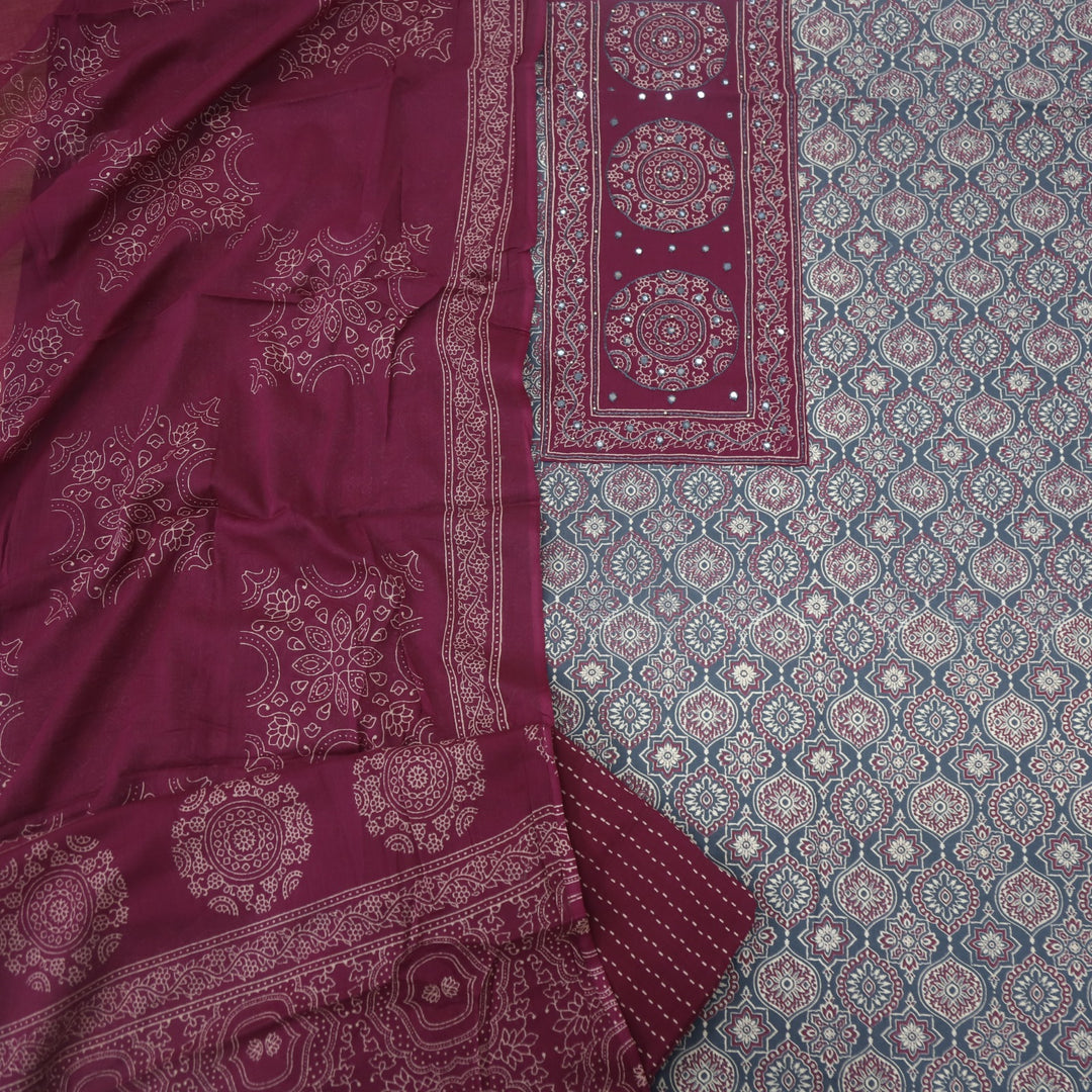 Bayhiss Sidewalk Grey Patra Work Ajrak Printed Cotton Suit Set