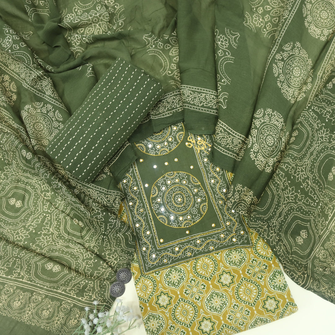 Bayhiss Sandstorm Yellow Patra Work Ajrak Printed Cotton Suit Set