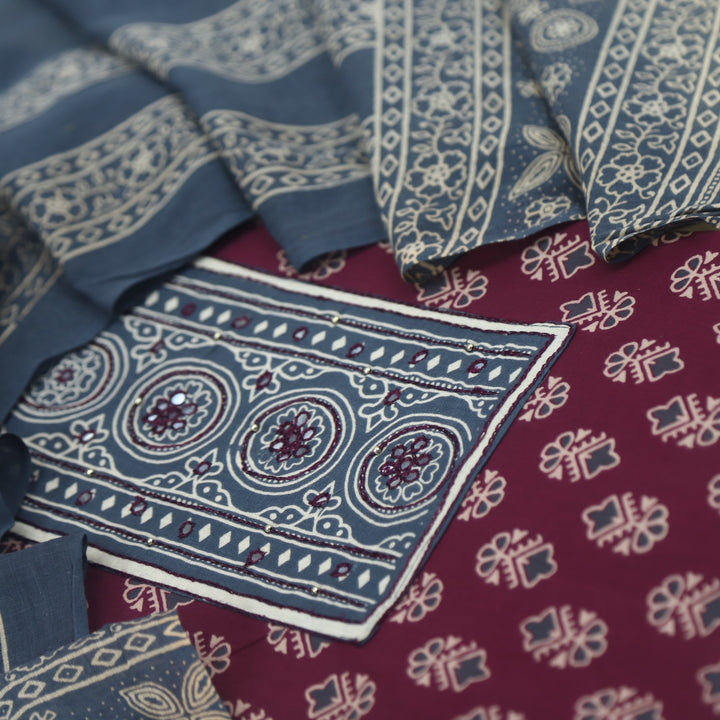 Bayhiss Raspberry Maroon Patra Work Ajrak Printed Cotton Suit Set
