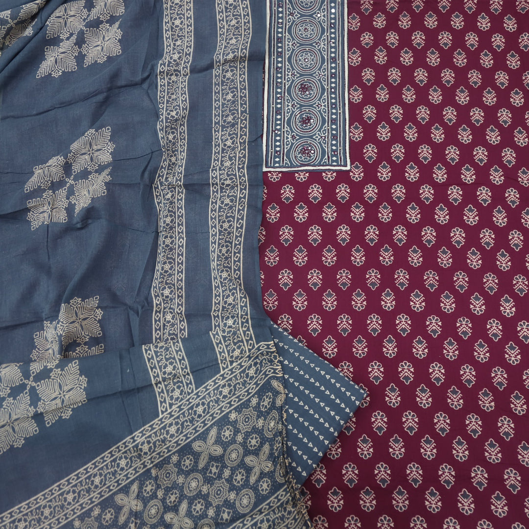 Bayhiss Raspberry Maroon Patra Work Ajrak Printed Cotton Suit Set