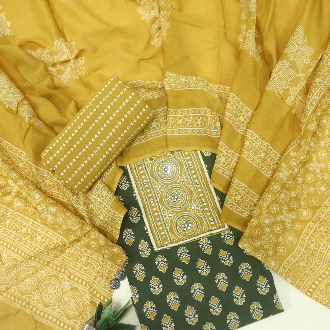Bayhiss Army Green Patra Work Ajrak Printed Cotton Suit Set