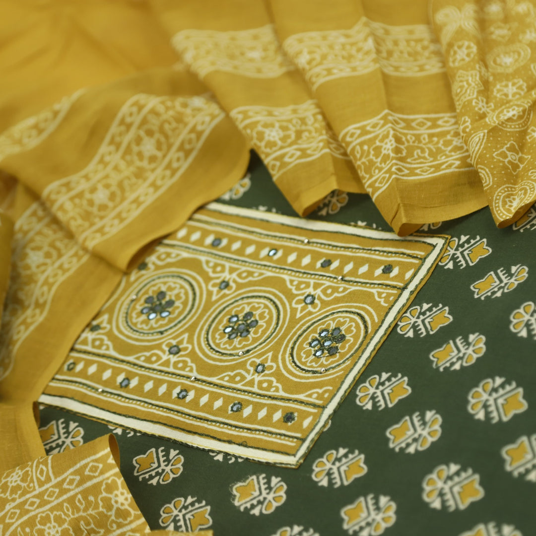 Bayhiss Army Green Patra Work Ajrak Printed Cotton Suit Set
