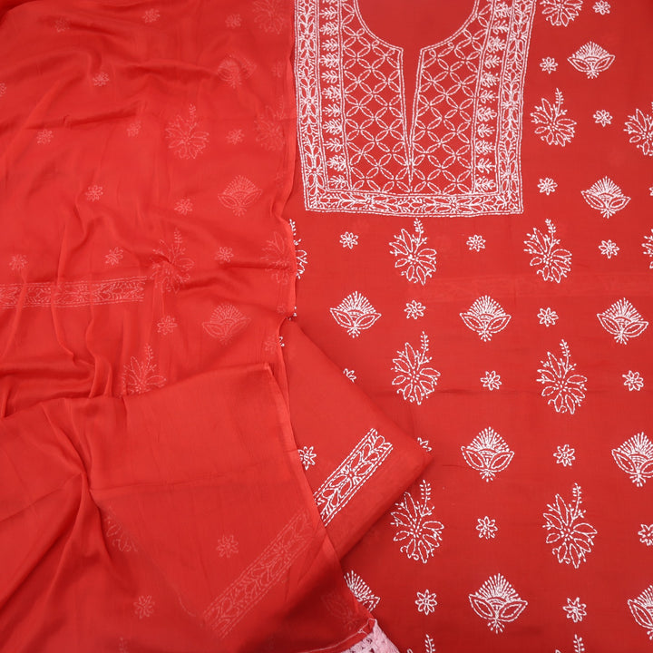 Izhaar Cherry Red Authentic Chikankari Cotton Suit Set-D4