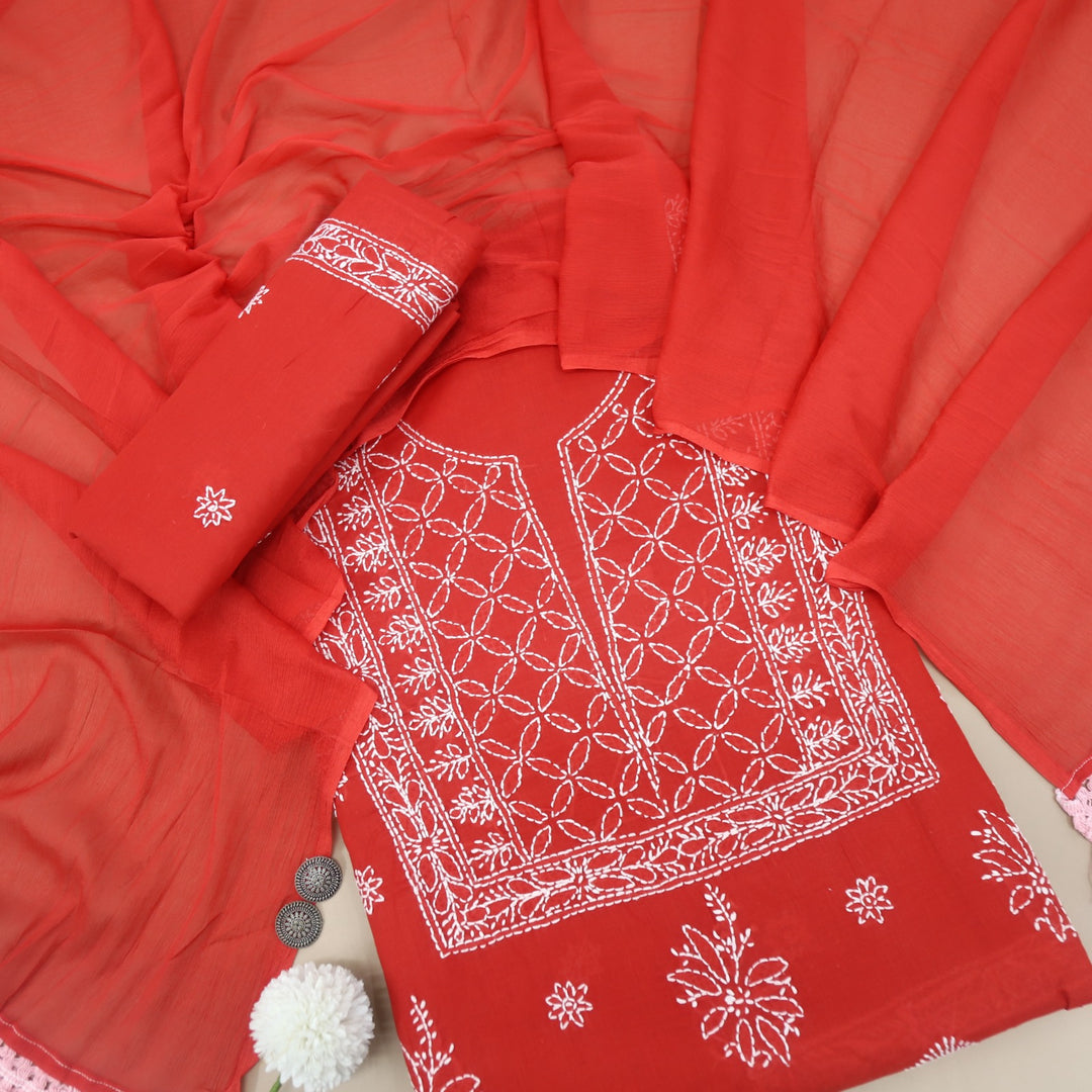 Izhaar Cherry Red Authentic Chikankari Cotton Suit Set D3