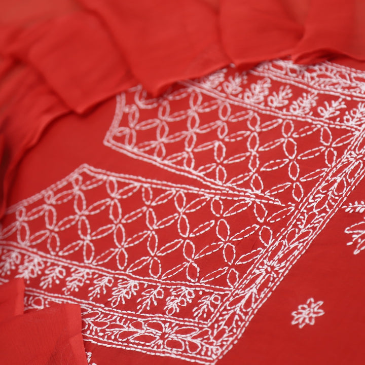 Izhaar Cherry Red Authentic Chikankari Cotton Suit Set D3