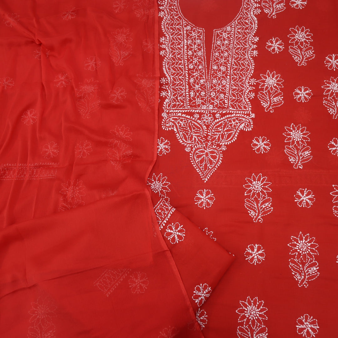 Izhaar Cherry Red Authentic Chikankari Cotton Suit Set D3