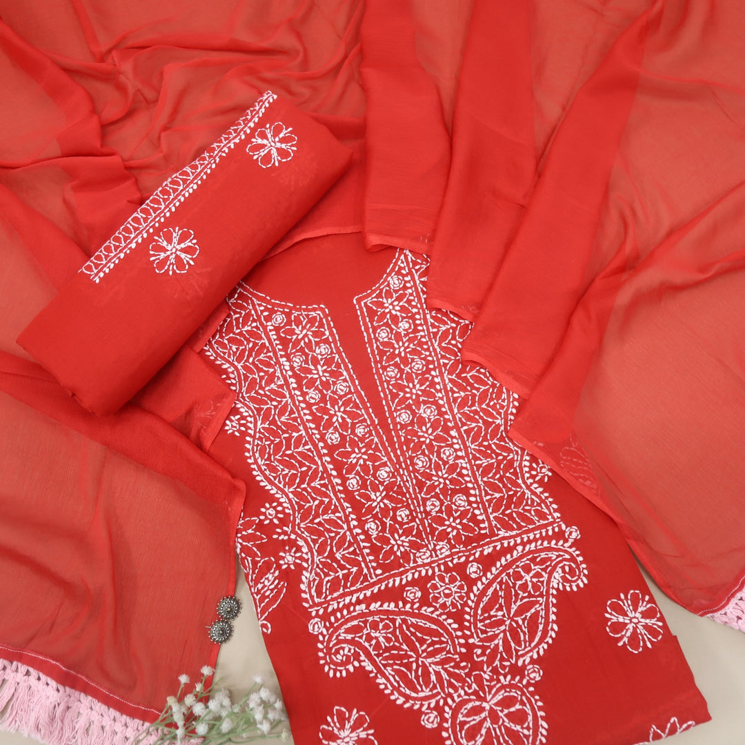 Izhaar Cherry Red Authentic Chikankari Cotton Suit Set-D4