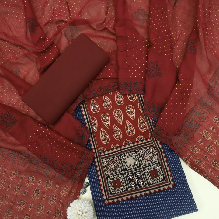 Anokhi Berry Blue Ajrak Cotton Top with Printed Dupatta