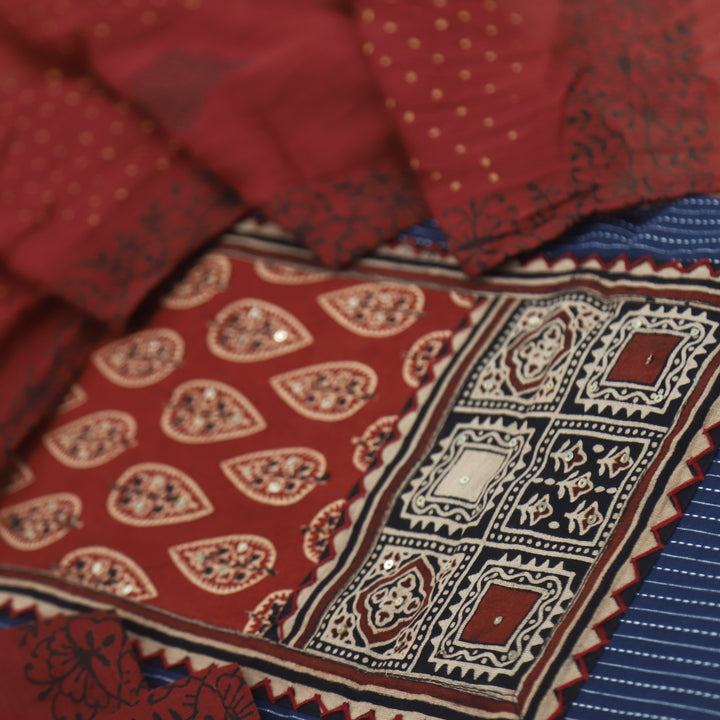 Anokhi Berry Blue Ajrak Cotton Top with Printed Dupatta