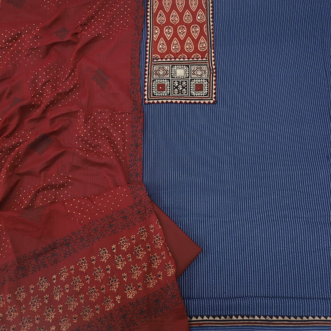Anokhi Berry Blue Ajrak Cotton Top with Printed Dupatta
