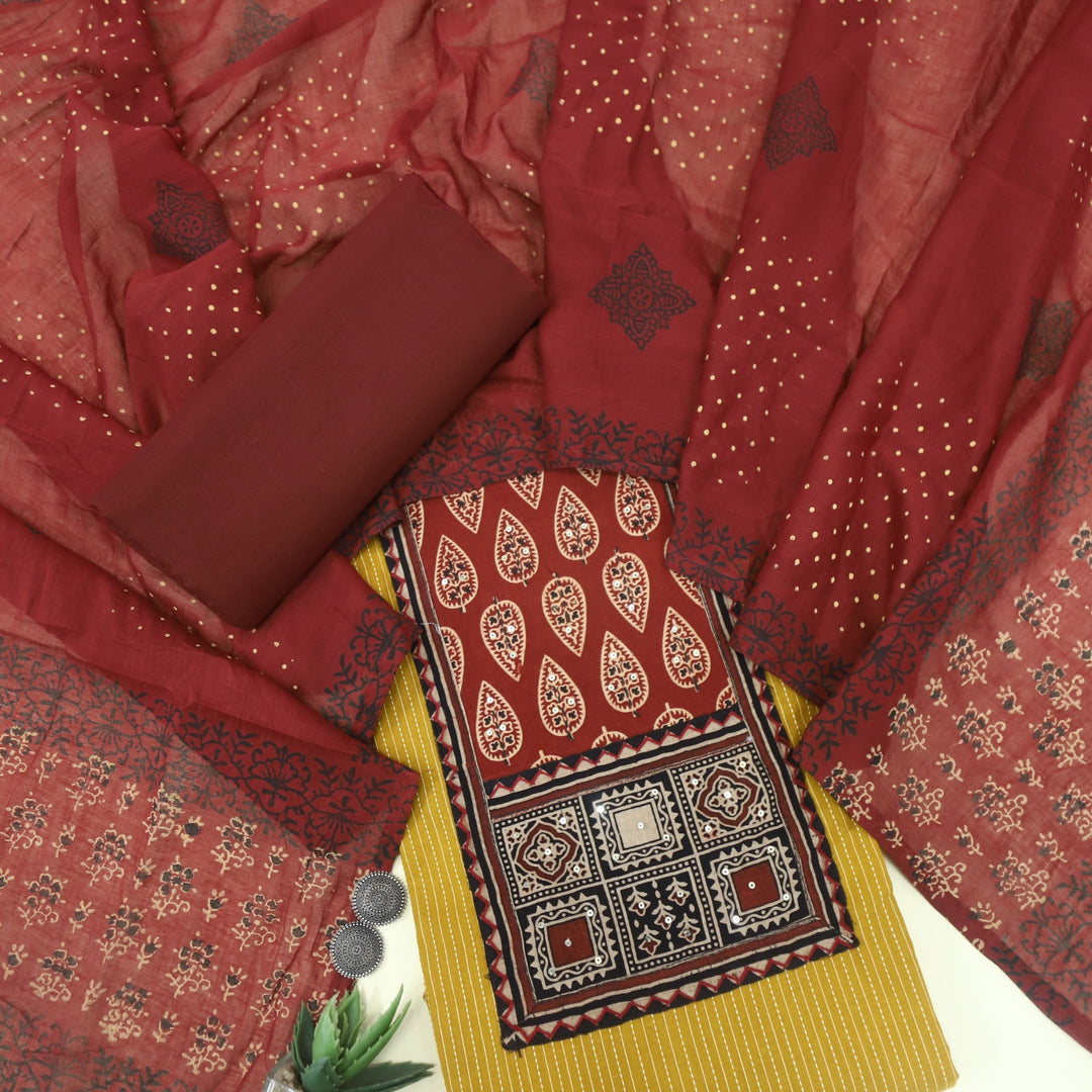 Anokhi Goldenrod Yellow Ajrak Cotton Top with Printed Dupatta