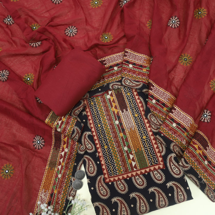 Khairiyat Onyx Black Kutch Cotton Top with Printed Dupatta