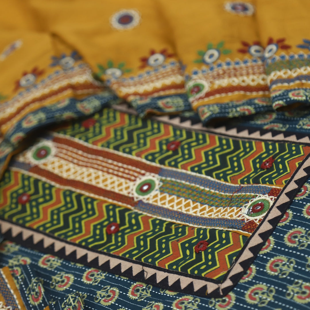 Anokhi Forest Green Ajrak Cotton Top with Printed Dupatta