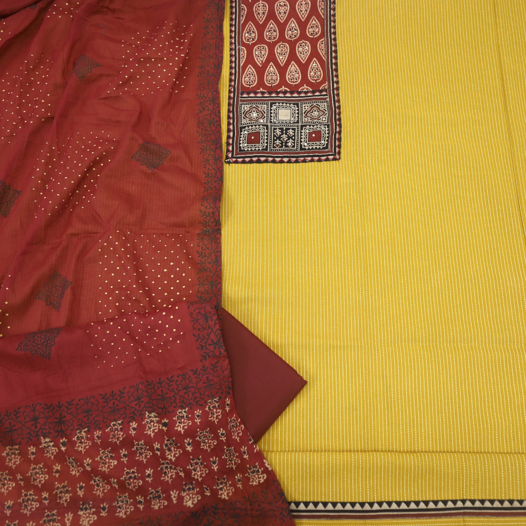 Anokhi Goldenrod Yellow Ajrak Cotton Top with Printed Dupatta