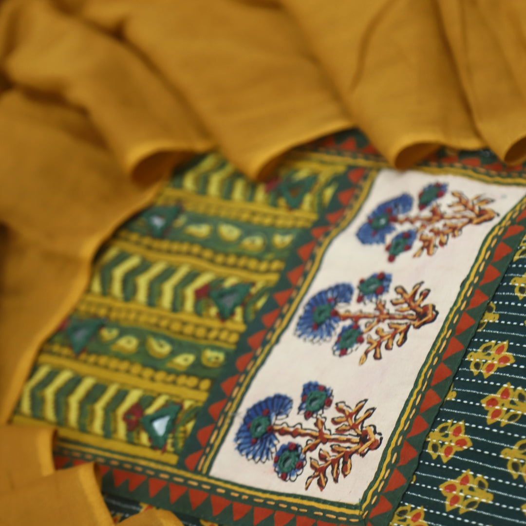 Anokhi Basil Green Ajrak Cotton Top with Printed Dupatta