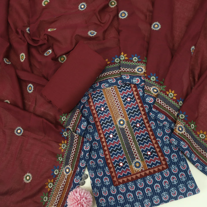 Anokhi Yale Blue Ajrak Cotton Top with Printed Dupatta